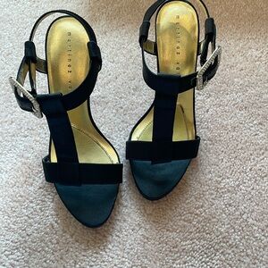 Black satin heels with rhinestone buckle NWT
